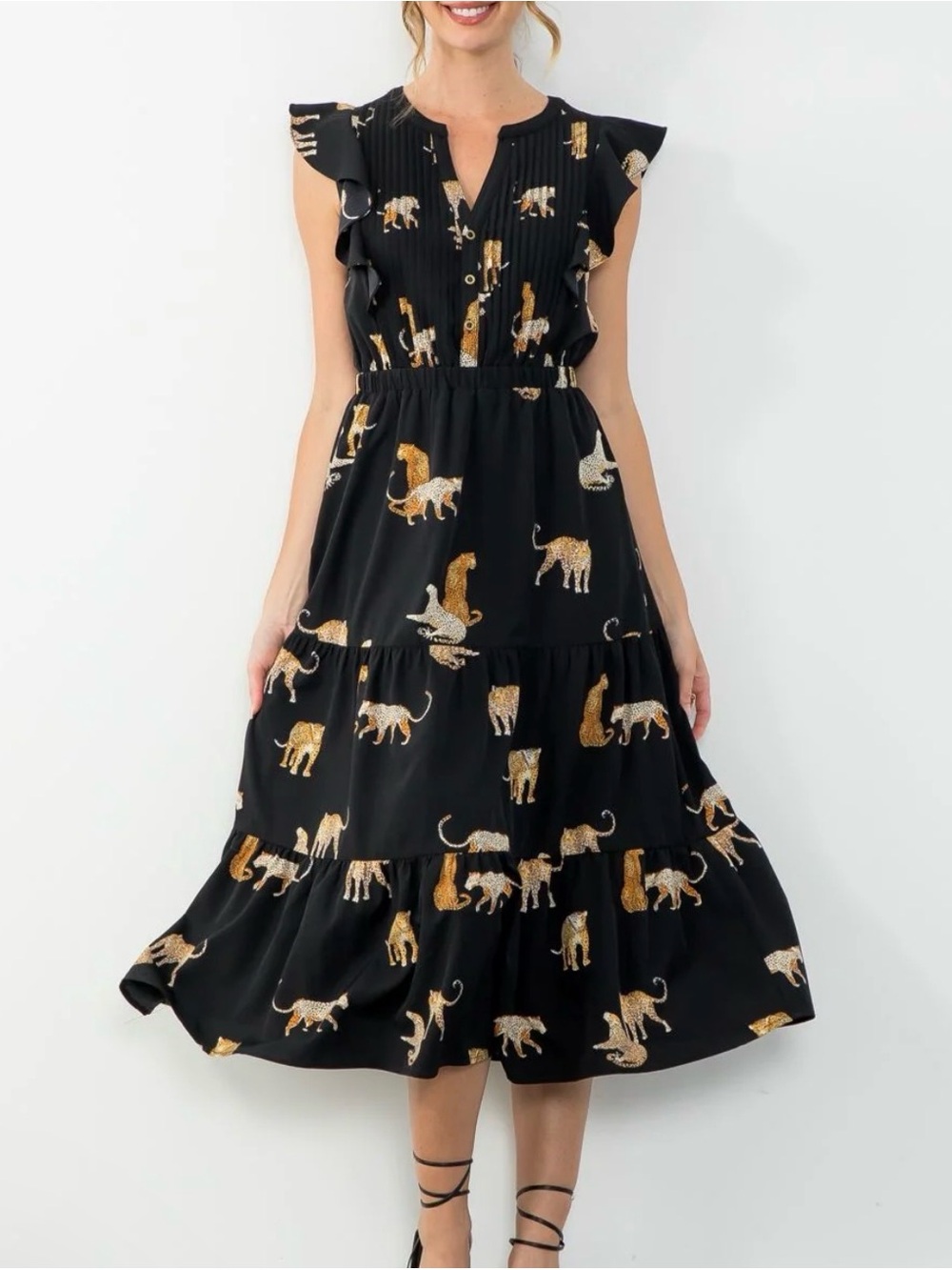 THML Womens Black Leopard-Print Maxi Flutter Sleeve Dress Sz MD